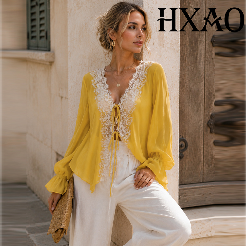 Sewing V - HXAO Bağcıklı Kadın Bluzu Uzun Kollu